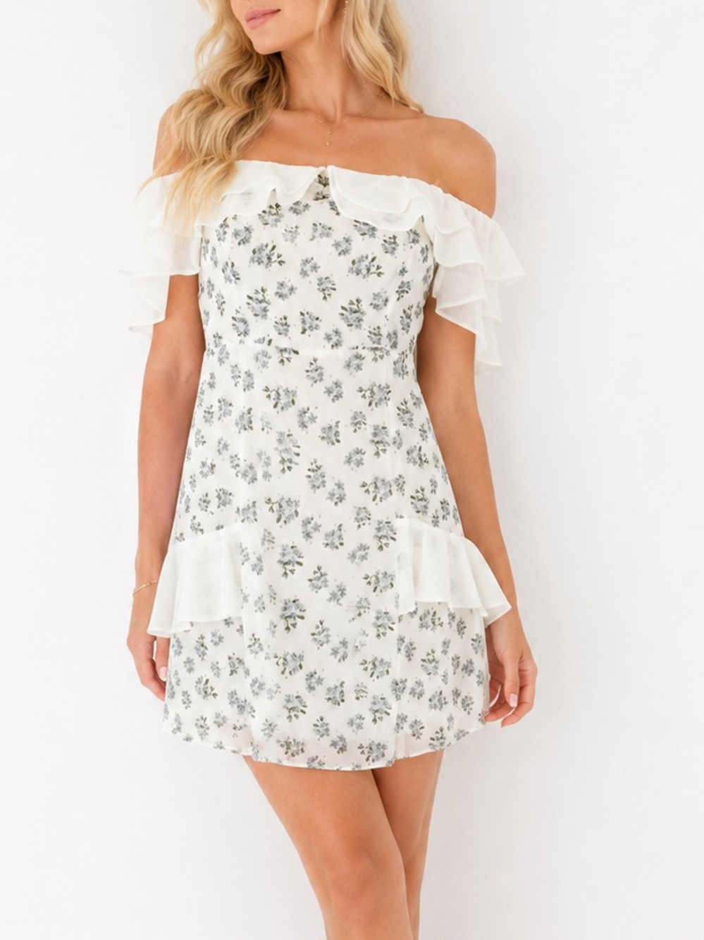LUSH White English Garden Floral Coquette Ruffle Off-The-Shoulder Mini Dress L